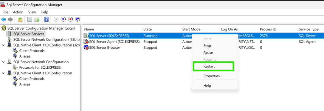 Restarting SQL Server service
