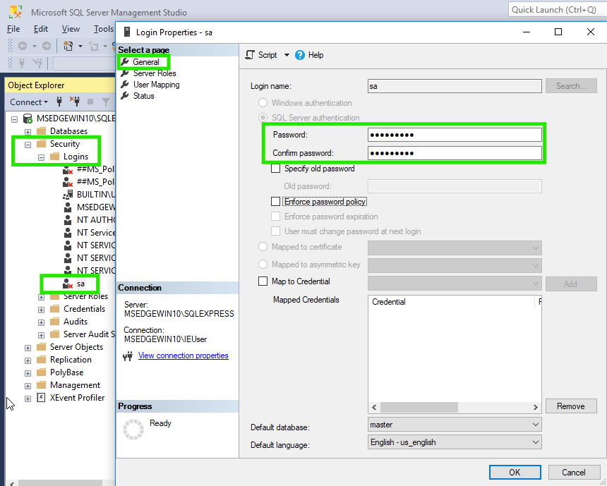 Setting password for sa user
