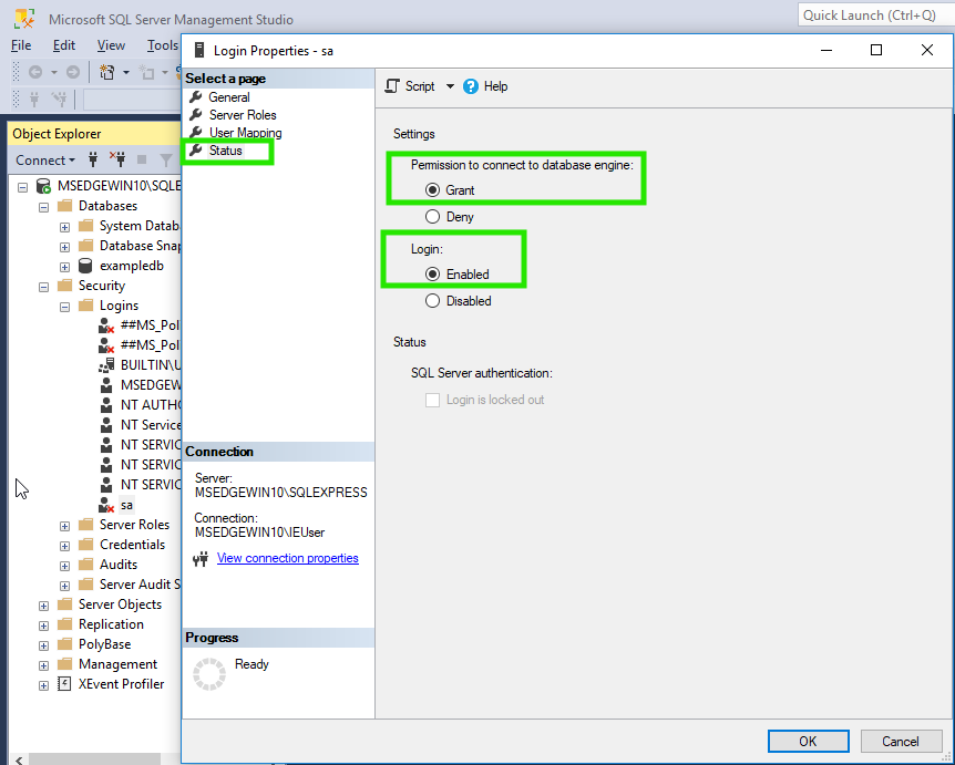 Enabling sa user in Status tab